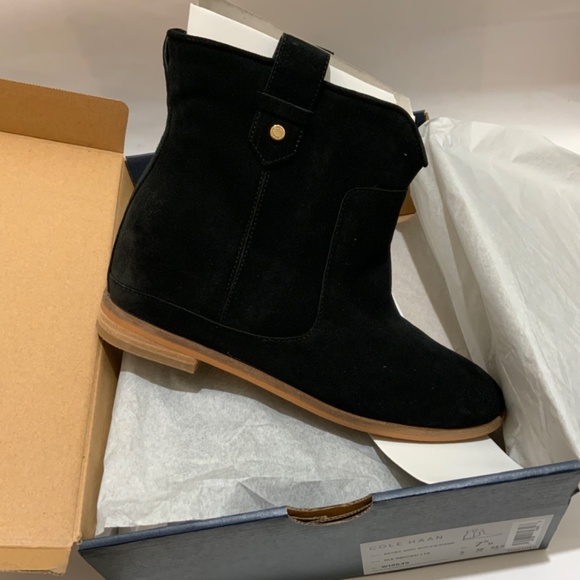 Cole Haan Rayna Wedge Bootie Black Almond Toe Suede Leather Ankle Boots 7.5 - Picture 7 of 13